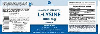 Vitamin World Maximum Strength L-Lysine 1000 mg Free Form - vegetarian amino acid supplement