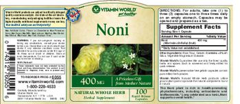 Vitamin World Noni 400 mg - natural whole herb herbal supplement