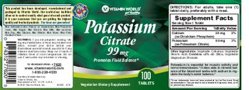 Vitamin World Potassium Citrate 99 mg - vegetarian supplement