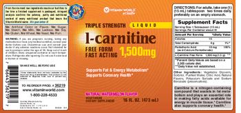Vitamin World Triple Strength Liquid L-Carnitine Fast Acting 1,500 mg Natural Watermelon Flavor - vegetarian supplement