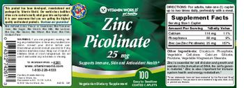 Vitamin World Zinc Picolinate 25 mg - vegetarian supplement