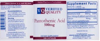 VQ Verified Quality Pantothenic Acid 500 mg - supplement