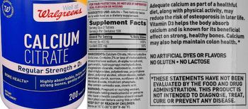 Walgreens Calcium Citrate Regular Strength + D3 - supplement
