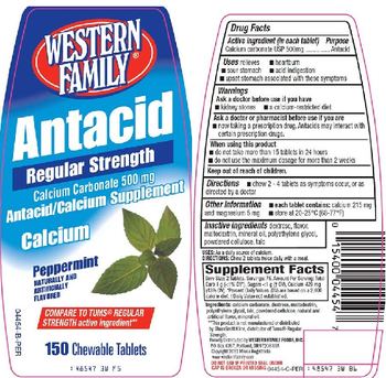 Western Family Calcium Antacid Regular Strength Peppermint - antacidcalcium supplement