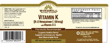 Windmill Vitamin K (K-2 Menaquinone-7, 100 mcg) with Vitamin D-3 - supplement