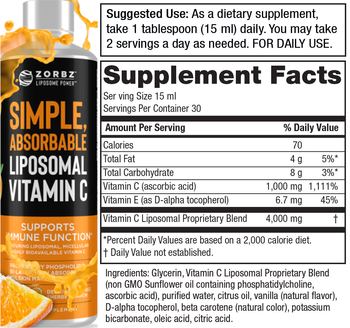 Zorbz Simple, Absorbable Liposomal Vitamin C Delicious Orange Sherbert Flavor - supplement